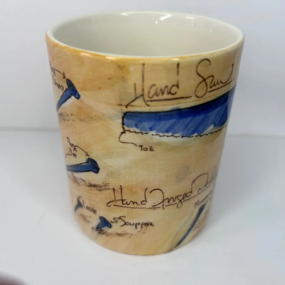 Restoration Hardware Hand Tools Blueprint Coffee Mug Woodworking Sketch Tan Blue